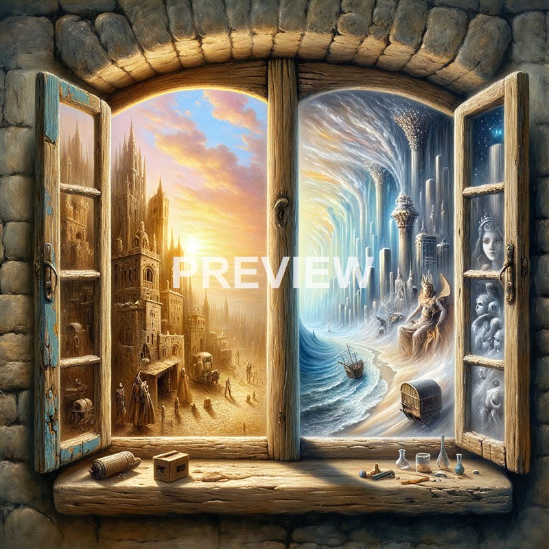 The image shows a window with two open shutters revealing contrasting scenes: a warm, golden cityscape with tall, gothic-style buildings and a sunset on the left, and a surreal, icy, fantasy landscape with waterfalls, a ship in the icy sea, and mystical figures on the right.